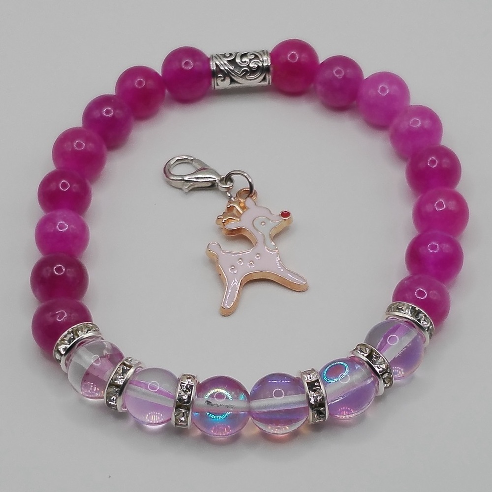 Rose Quartz and Australian Crystal with detachable holiday pink reindeer charm!
